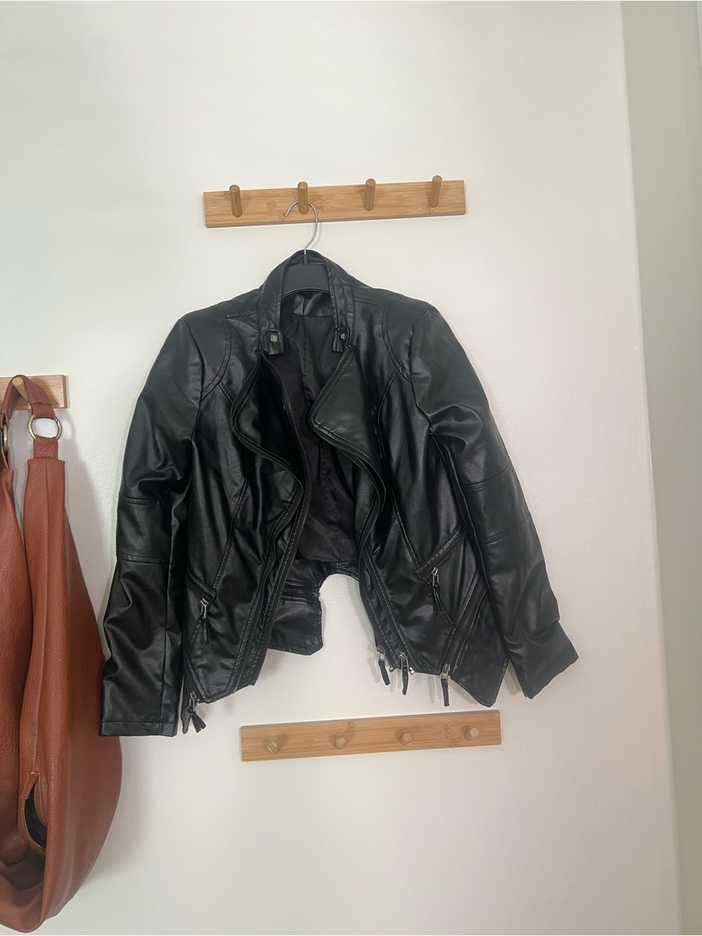 Women's Black Faux Leather Moto Jacket stud details no flaws size medium